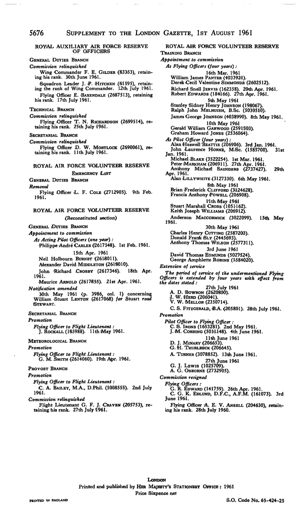 5676 Supplement to the London Gazette, Ist August 1961