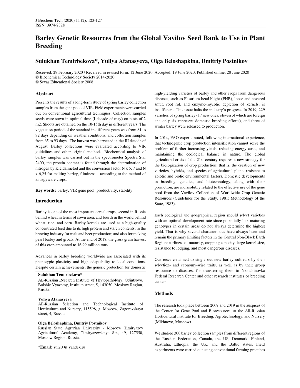 Barley Genetic Resources from the Global Vavilov Seed Bank to Use in Plant Breeding