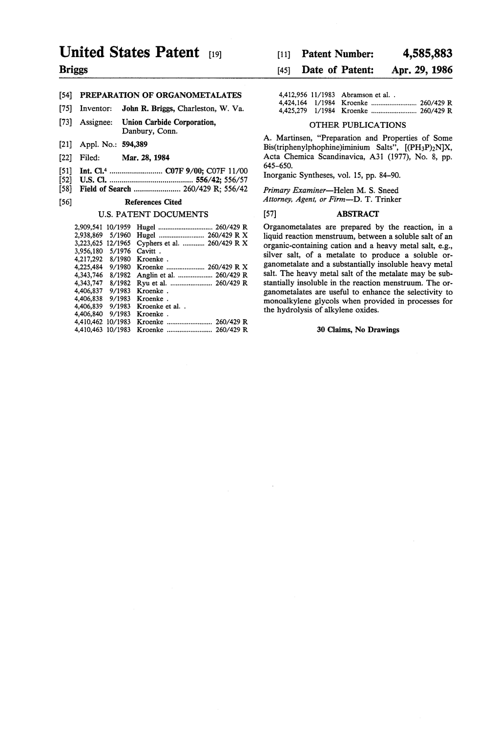 United States Patent (19) 11 Patent Number: 4,585,883 Briggs 45 Date of Patent: Apr