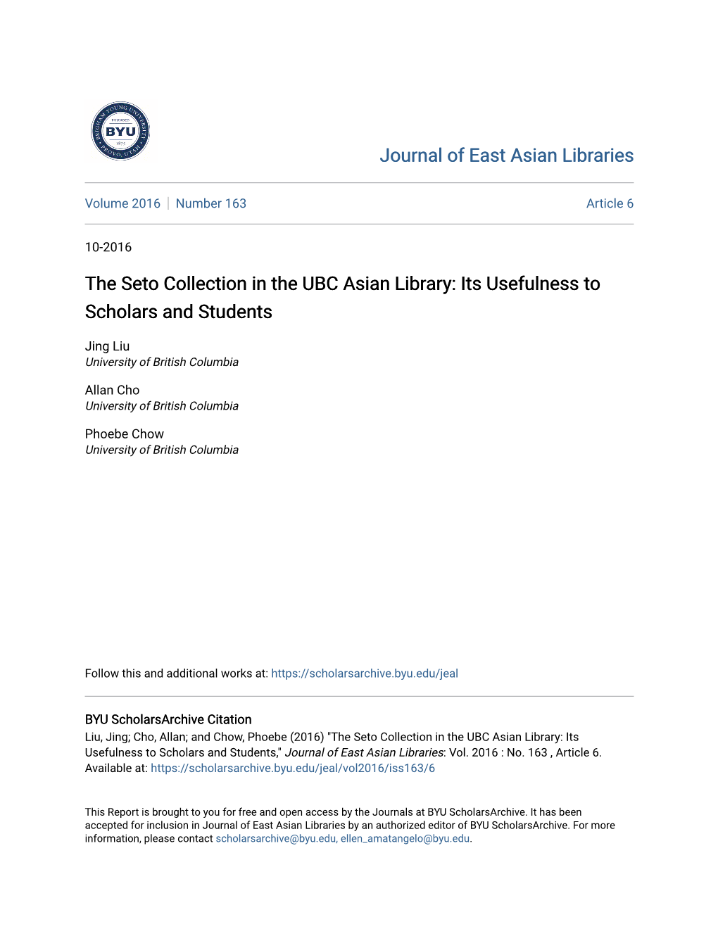 The Seto Collection in the UBC Asian Library: Its Usefulness to Scholars and Students