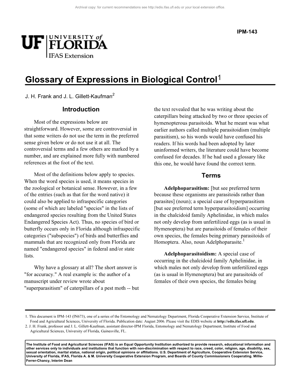 Glossary of Expressions in Biological Control1