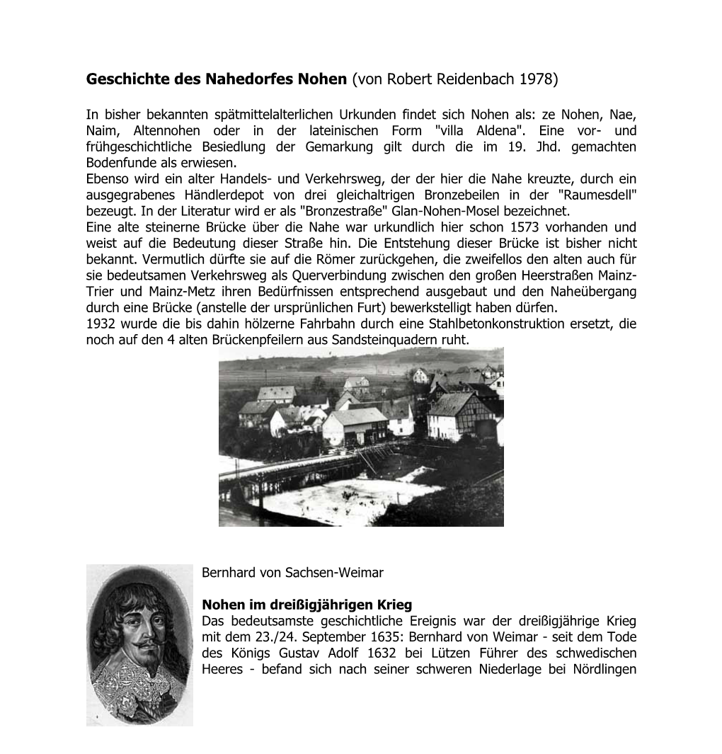 Geschichte Des Nahedorfes Nohen (Von Robert Reidenbach 1978)