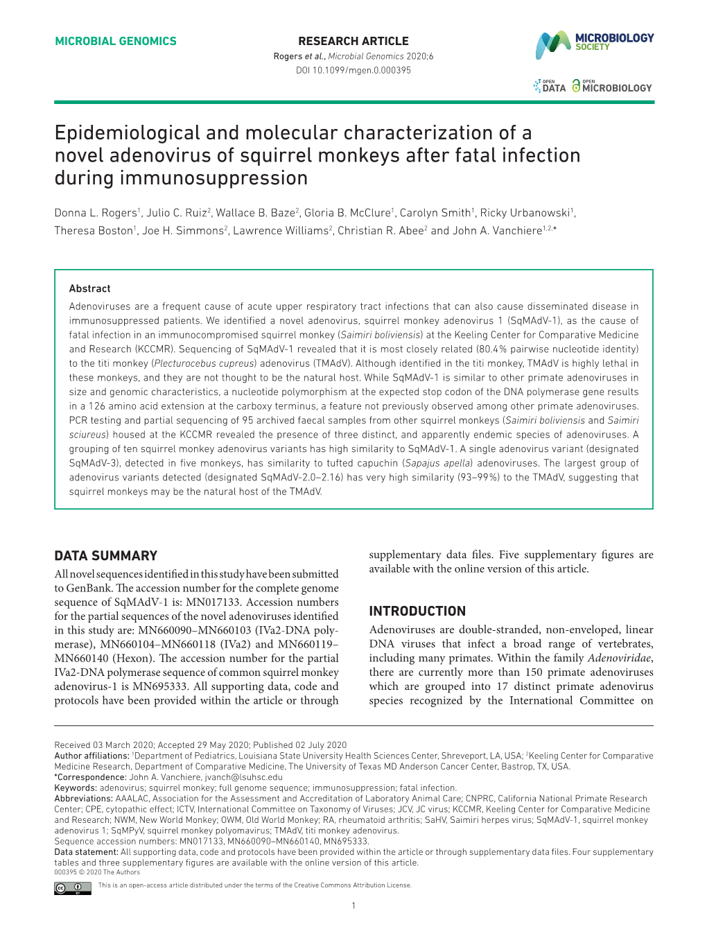 Epidemiological and Molecular Characterization of a Novel Adenovirus of Squirrel Monkeys After Fatal Infection During Immunosuppression