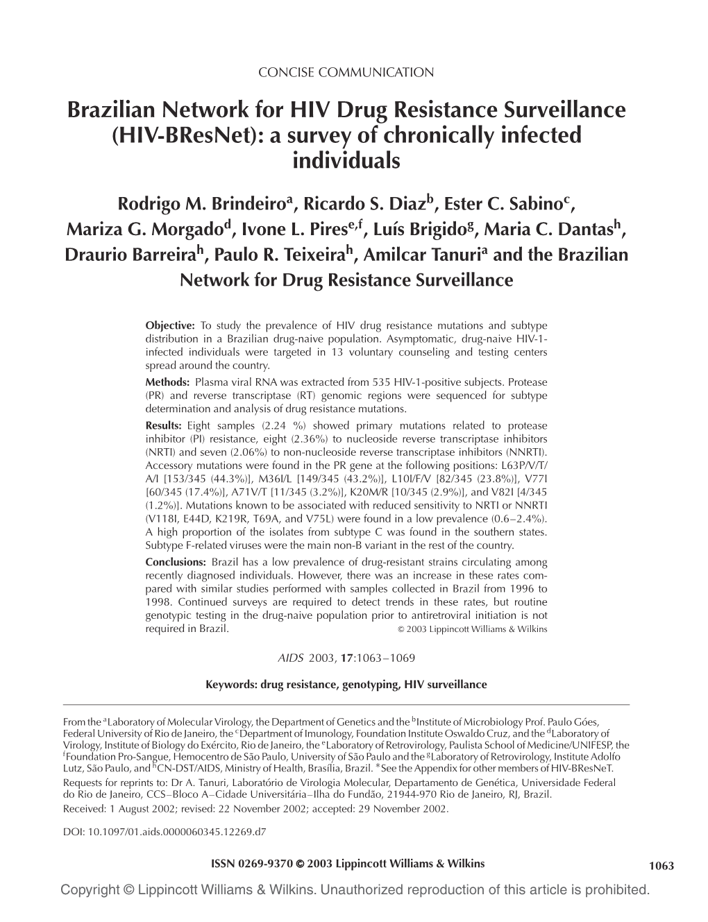 (HIV-Bresnet): a Survey of Chronically Infected Individuals