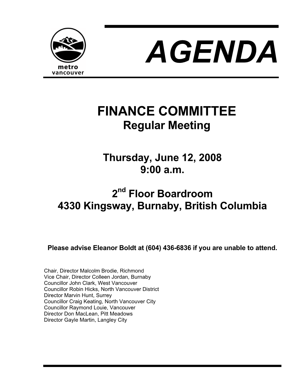 Finance Committee Agenda June 12, 2008