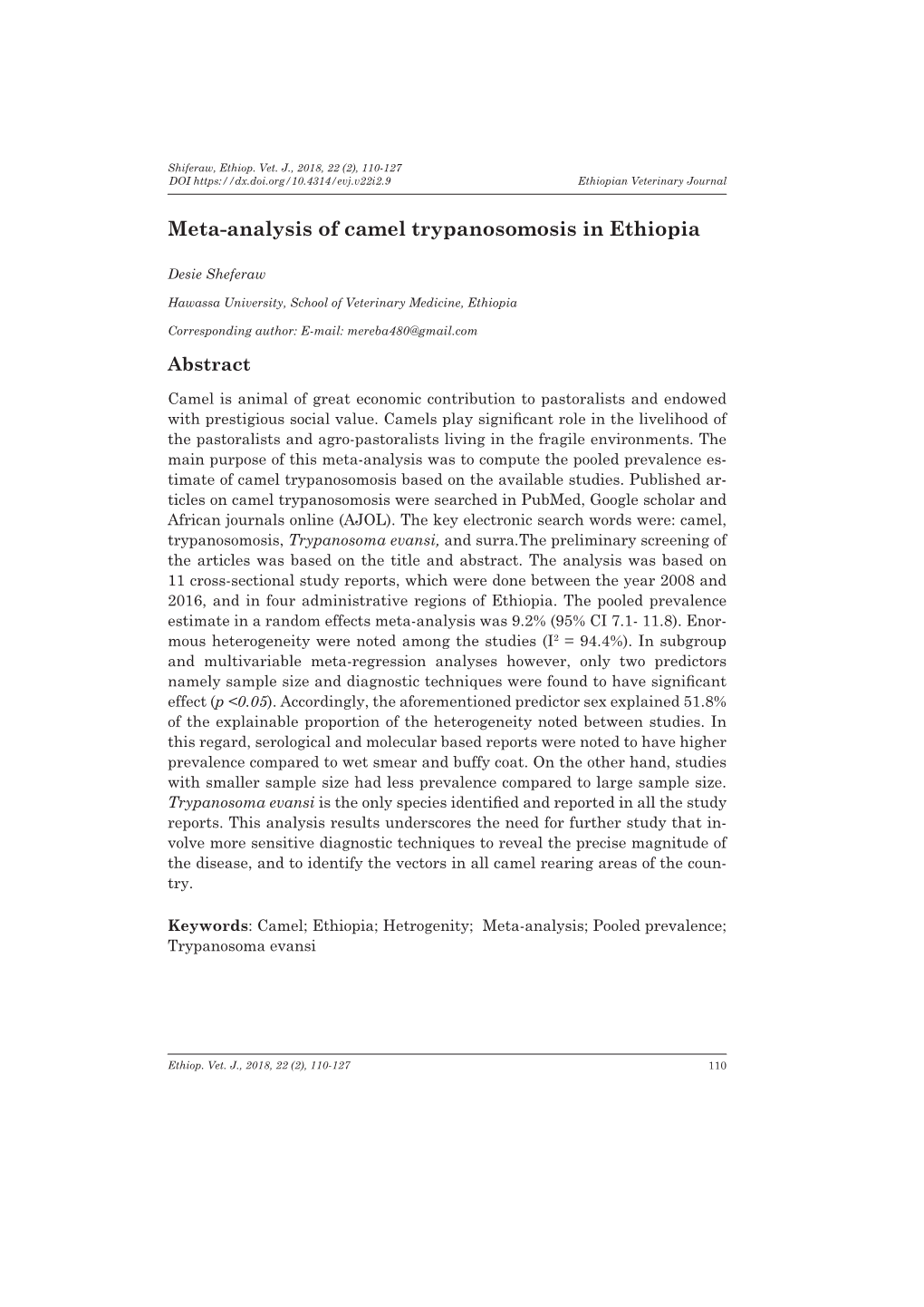 Meta-Analysis of Camel Trypanosomosis in Ethiopia