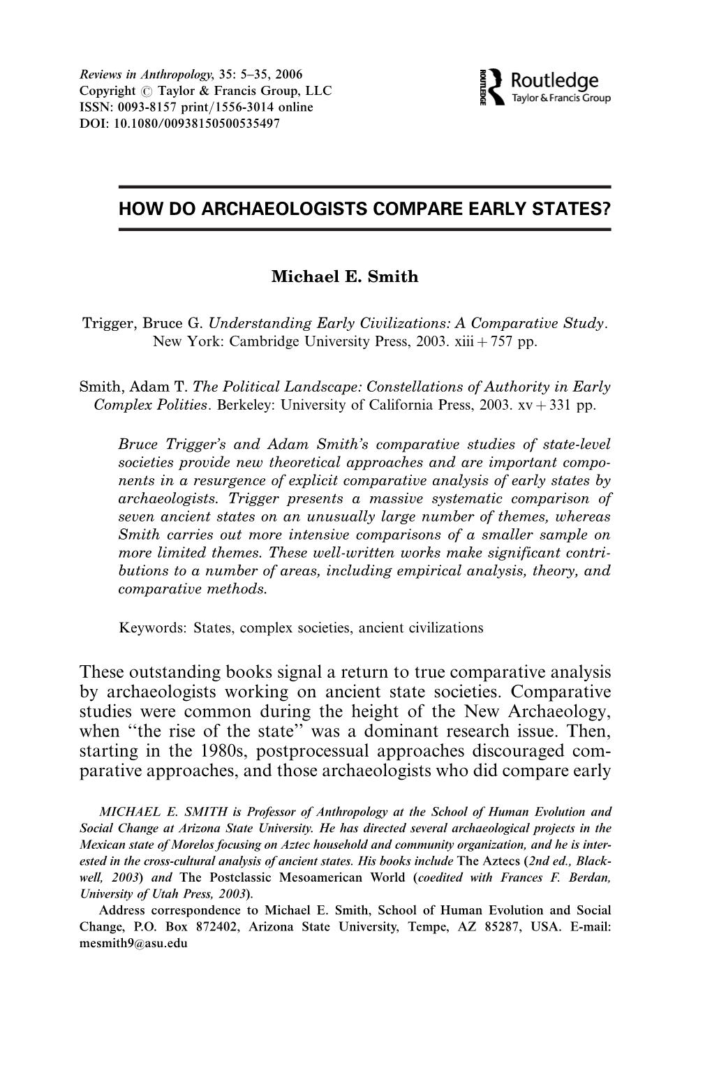 Smith ME. How Do Archaeologists Compare Early States?