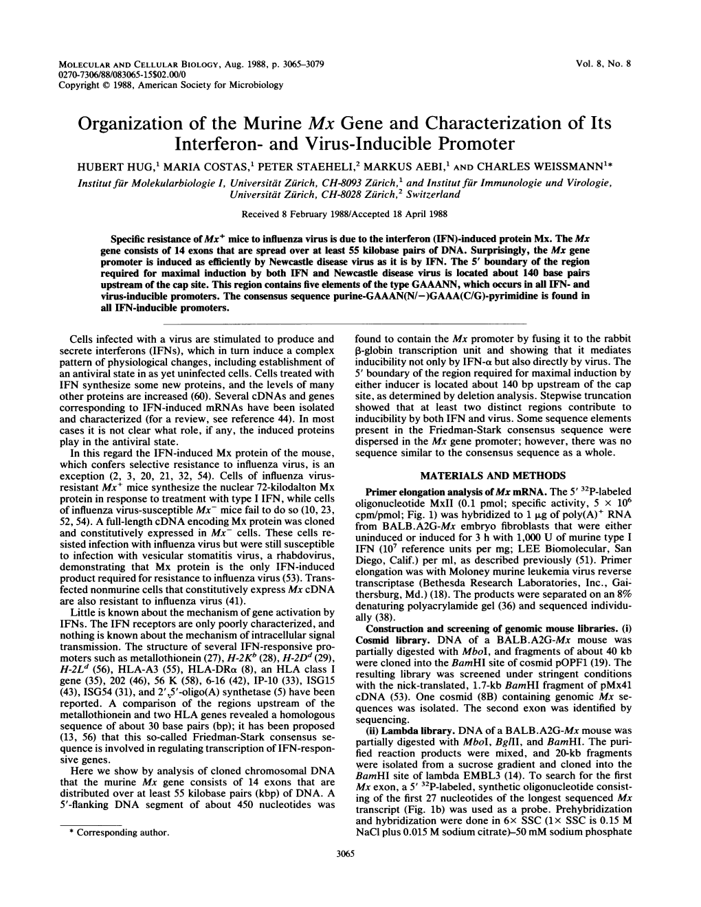 Organization of the Murine Mx Gene and Characterization of Its