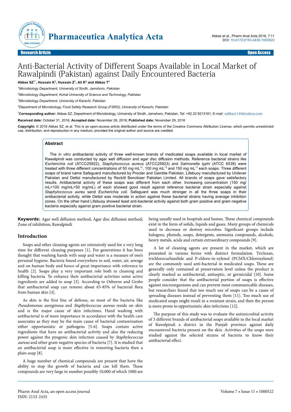 Anti-Bacterial Activity of Different Soaps Available in Local Market Of