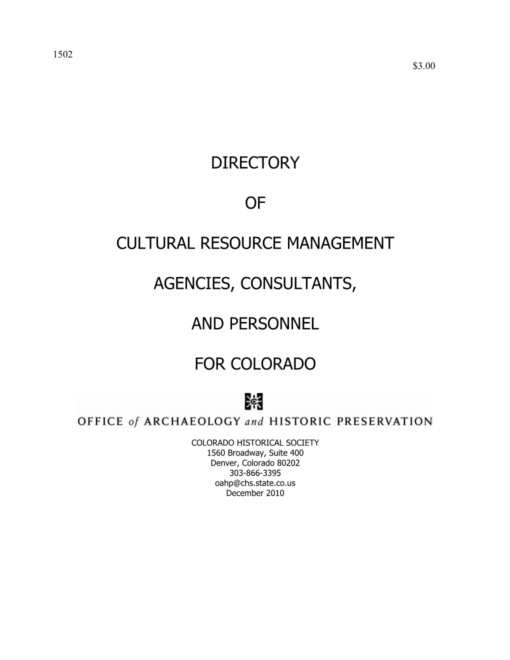 Directory of Cultural Resource Management Agencies, Consultants and Personnel for Colorado