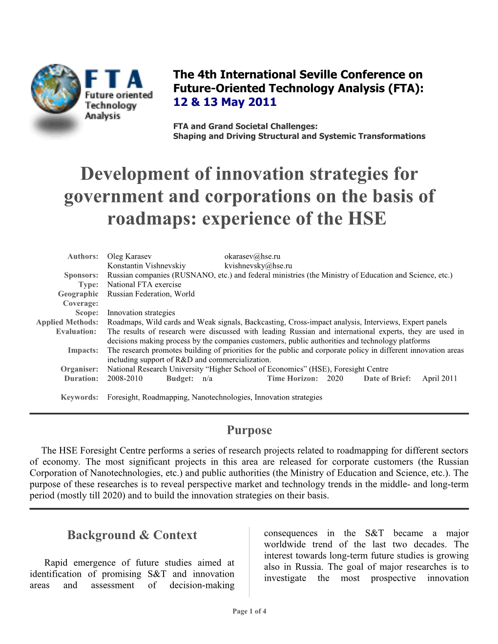 Development of Innovation Strategies for Government and Corporations on the Basis of Roadmaps