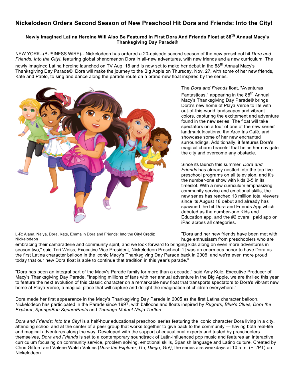 Nickelodeon Orders Second Season of New Preschool Hit Dora and Friends: Into the City!