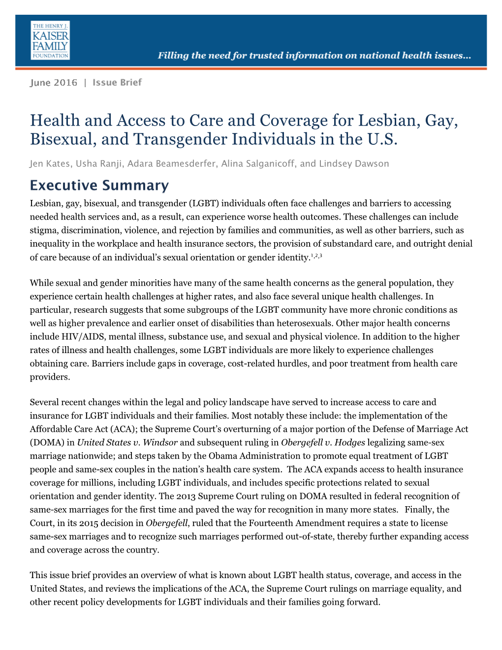 Health and Access to Care and Coverage for LGBT Individuals in the U.S