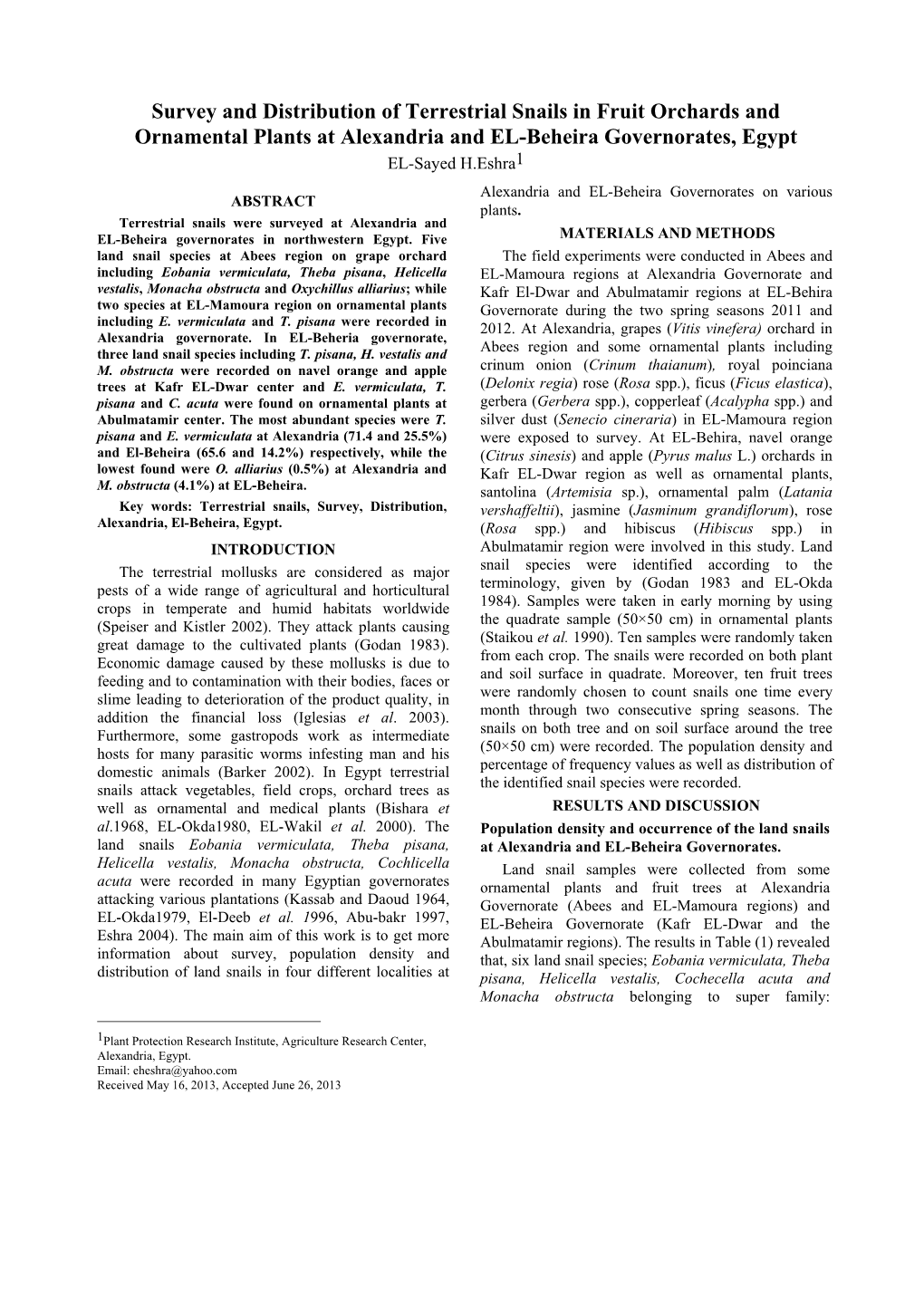 Survey and Distribution of Terrestrial Snails in Fruit Orchards And