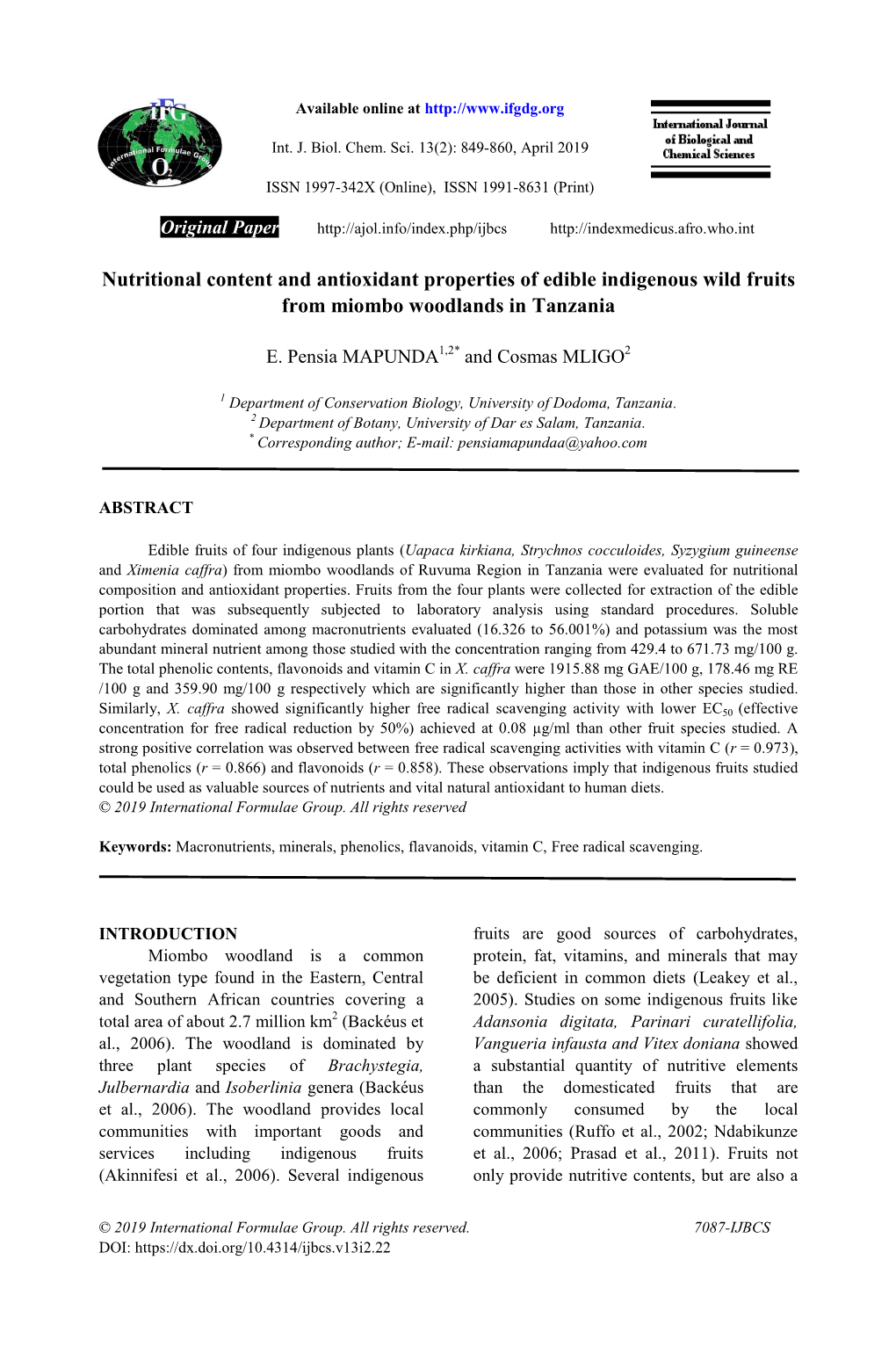 Nutritional Content and Antioxidant Properties of Edible Indigenous Wild Fruits from Miombo Woodlands in Tanzania