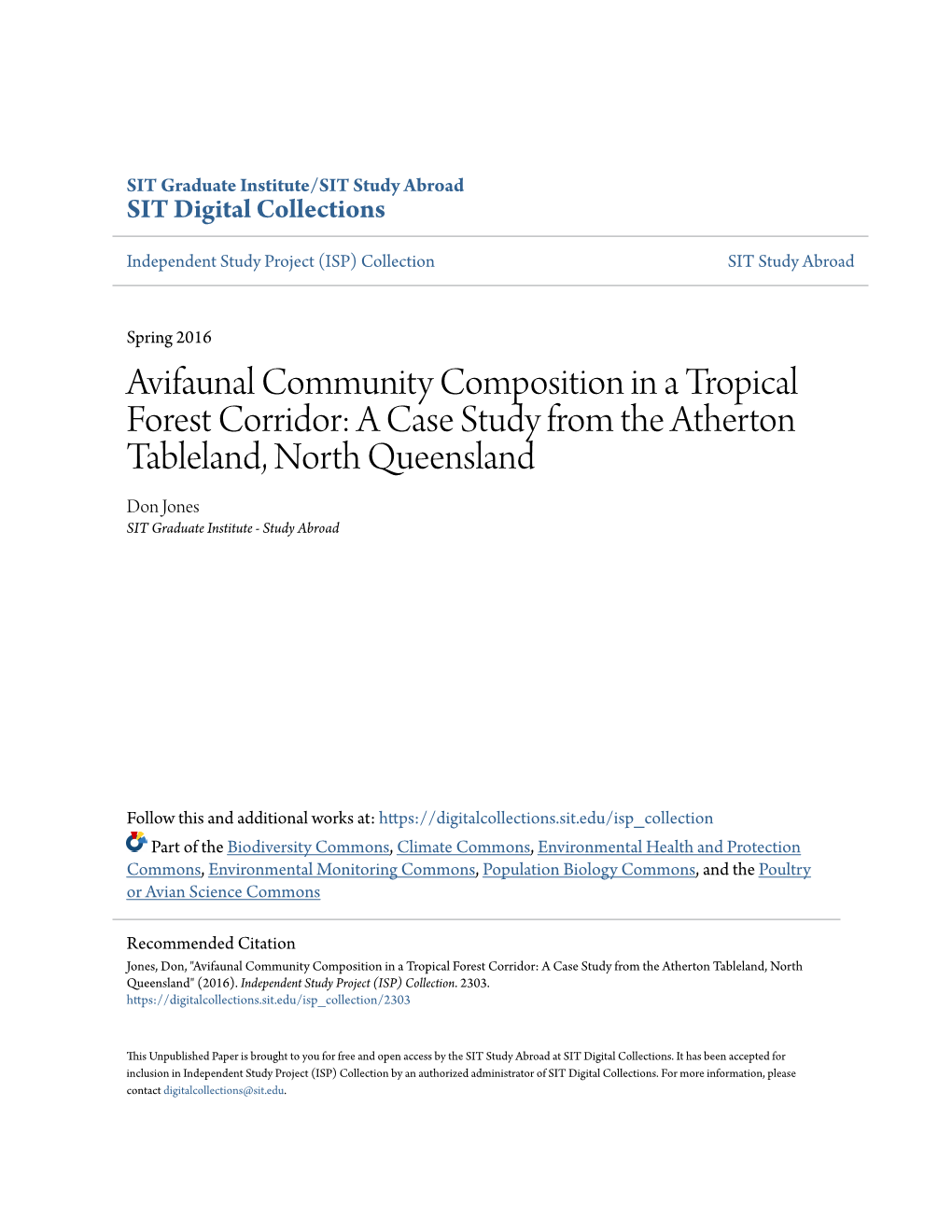 Avifaunal Community Composition in a Tropical