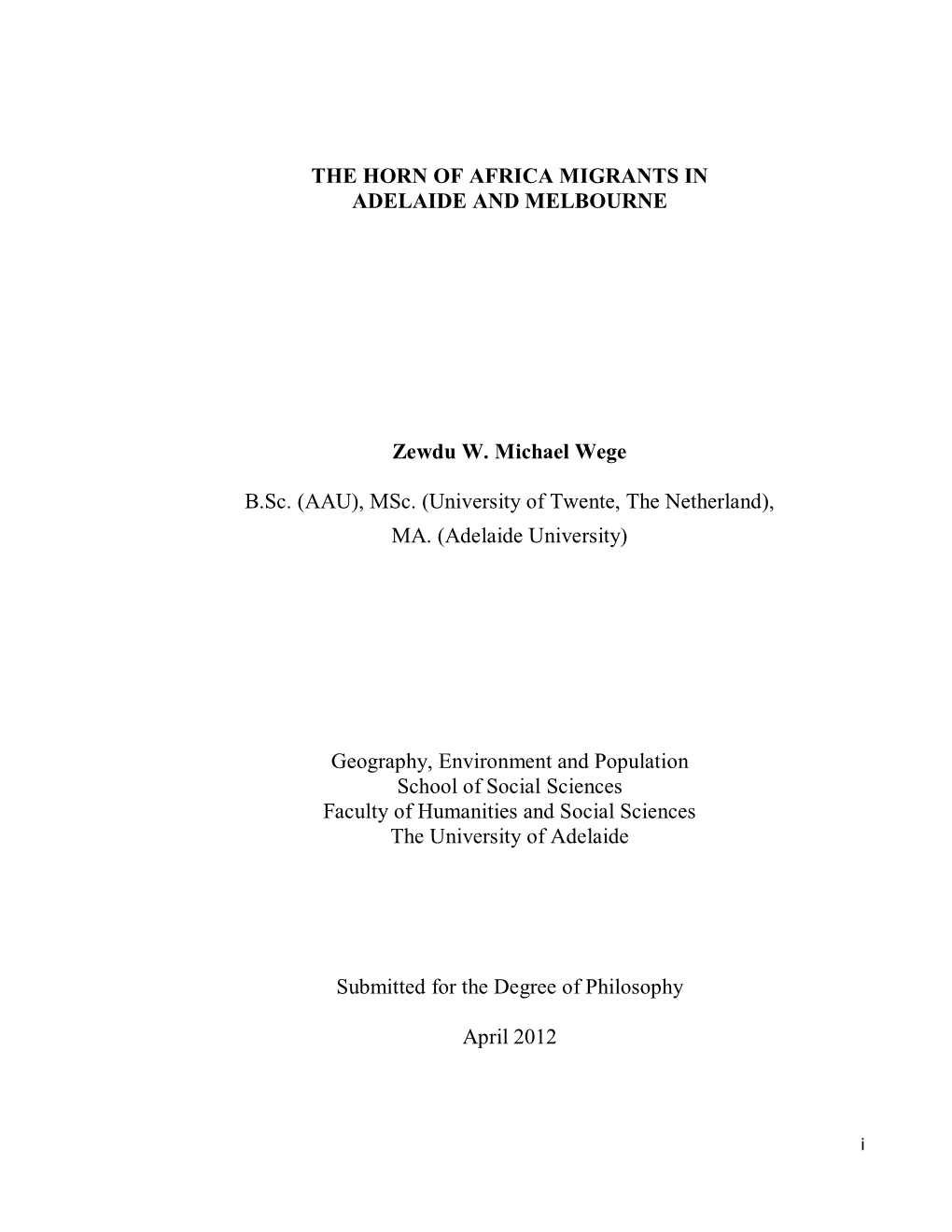 The Horn of Africa Migrants in Adelaide and Melbourne