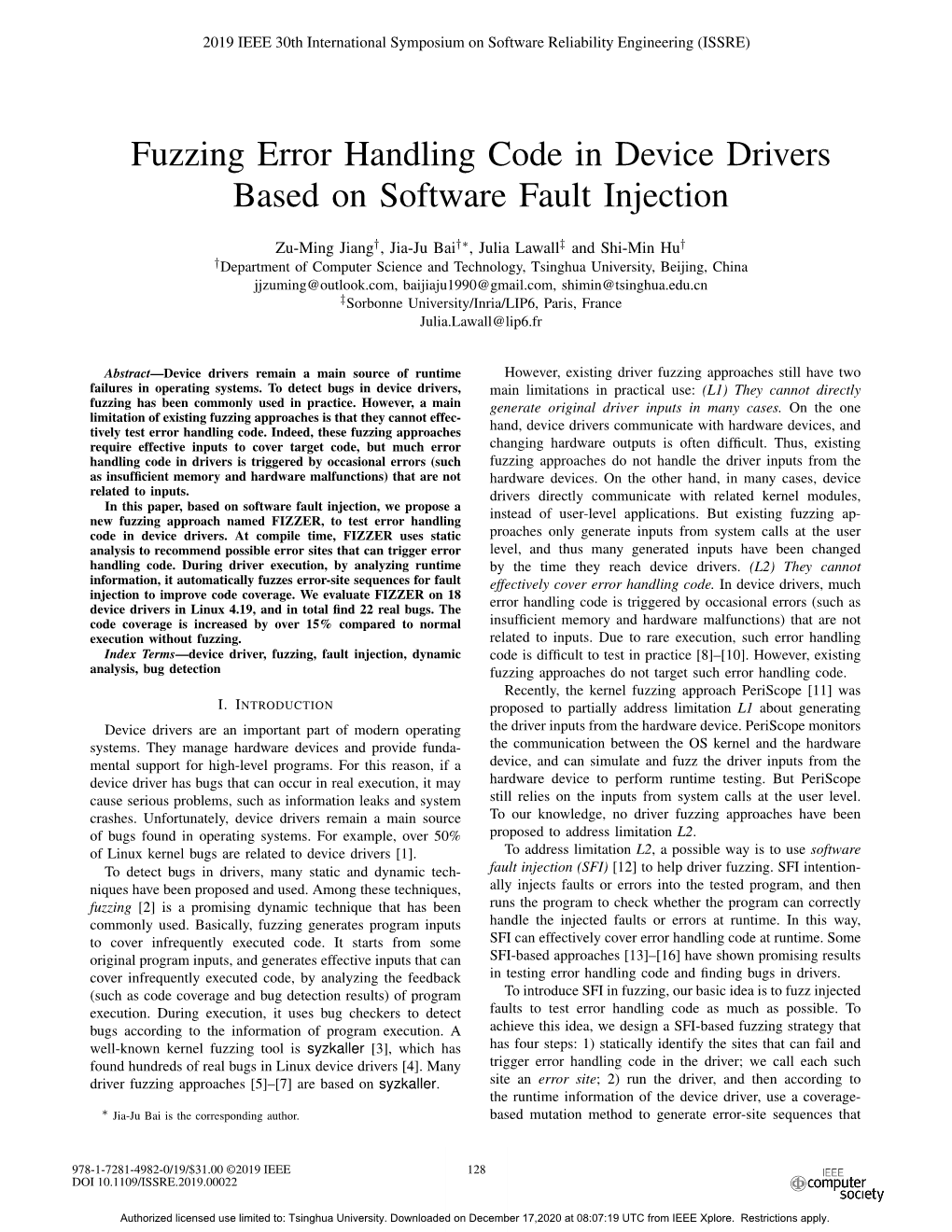 Fuzzing Error Handling Code in Device Drivers Based on Software Fault Injection