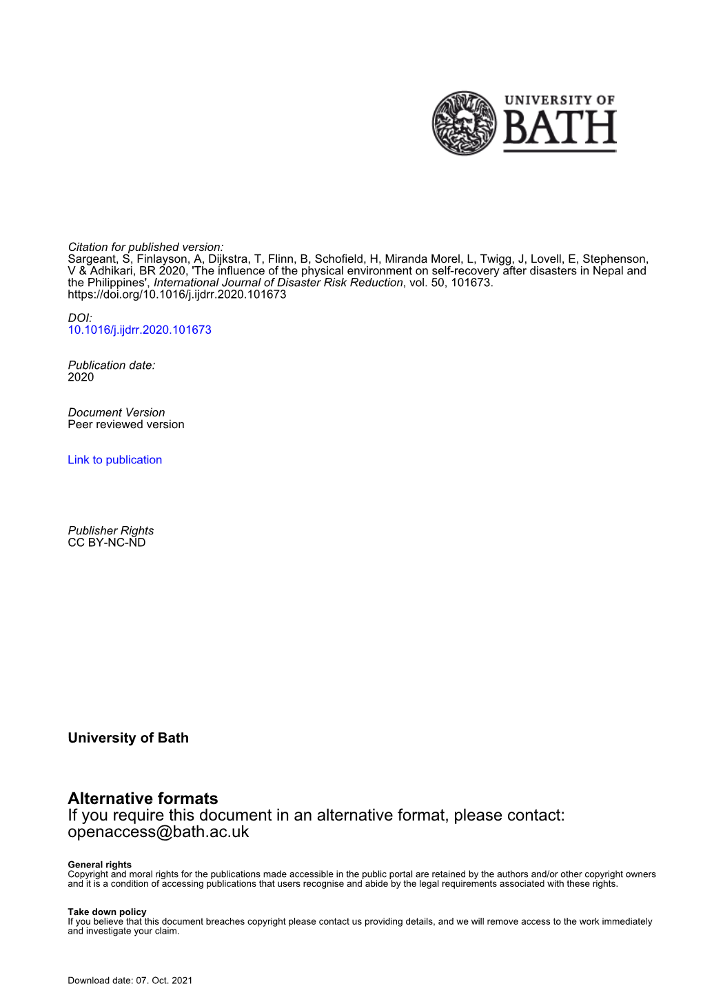 Alternative Formats If You Require This Document in an Alternative Format, Please Contact: Openaccess@Bath.Ac.Uk