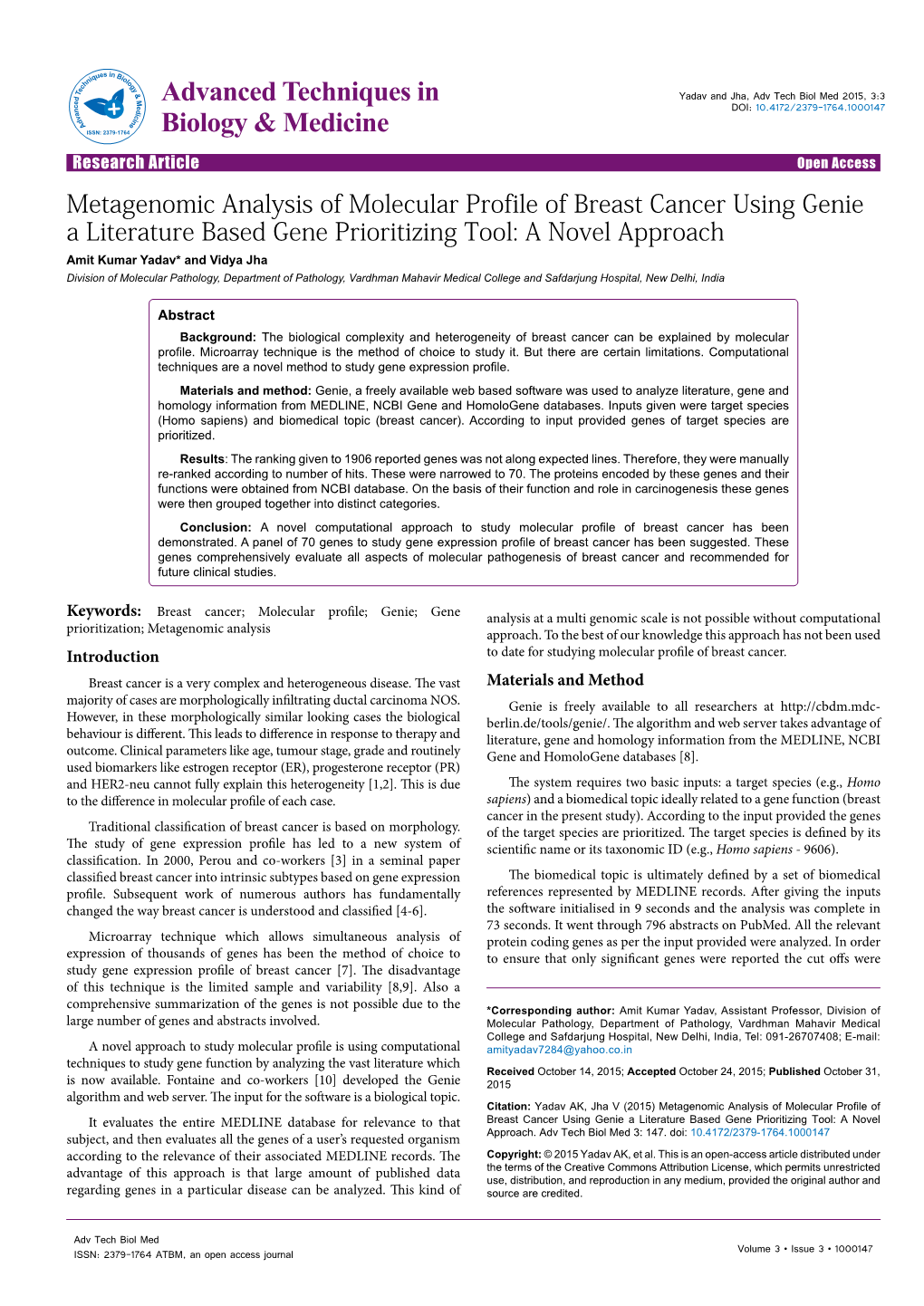 Metagenomic Analysis of Molecular Profile of Breast Cancer Using