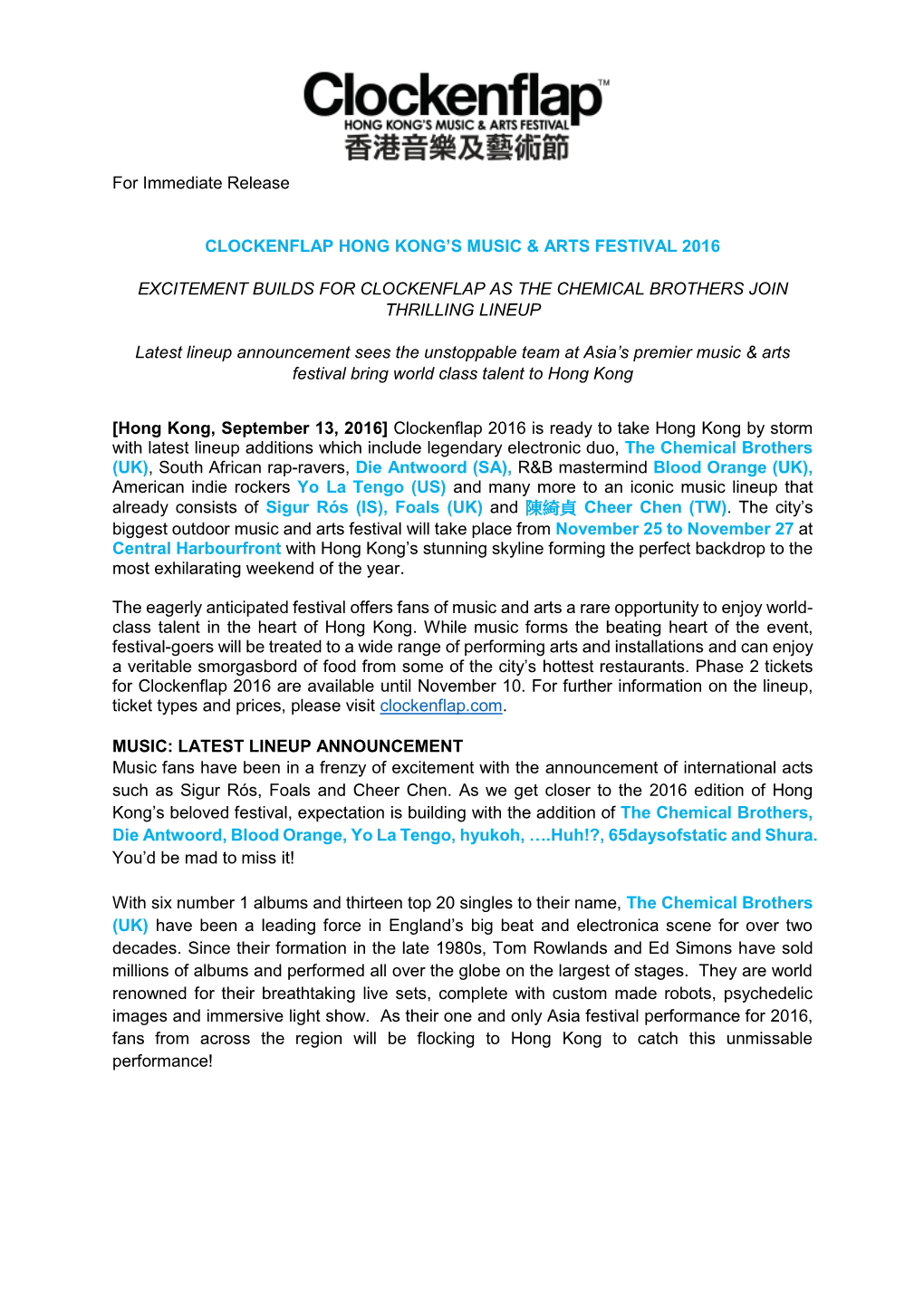 For Immediate Release CLOCKENFLAP HONG KONG's