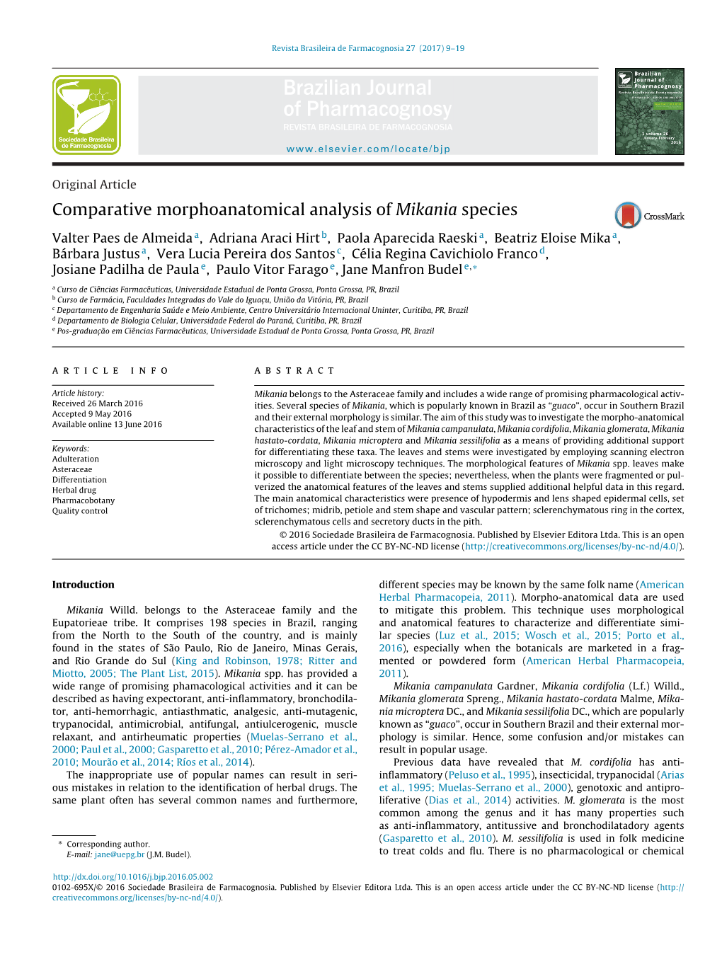 Comparative Morphoanatomical Analysis of Mikania Species