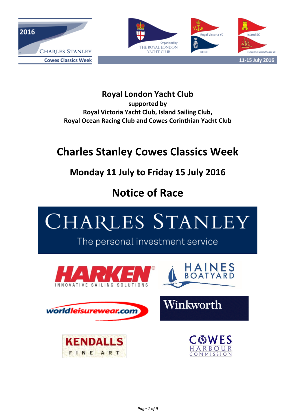 Charles Stanley Cowes Classics Week Notice of Race