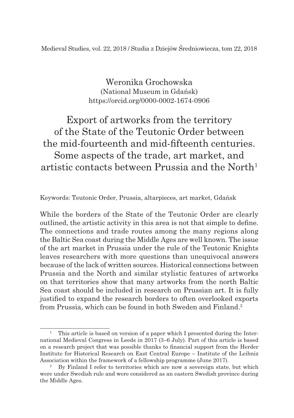 Export of Artworks from the Territory of the State of the Teutonic Order Between the Mid-Fourteenth and Mid-Fifteenth Centuries