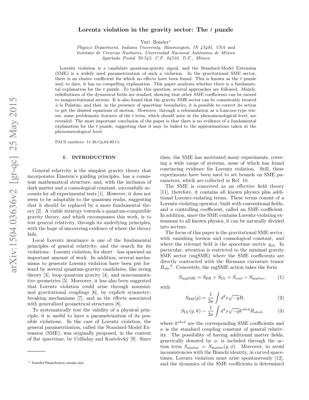 Arxiv:1504.03636V2 [Gr-Qc] 25 May 2015 Fﬂtsaeie Yclaa N Otlc´ 9.Since Kosteleck´Y [9]