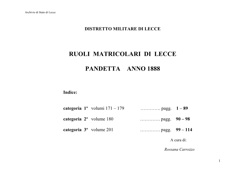 Distretto Militare Di Lecce, Ruoli Matricolari