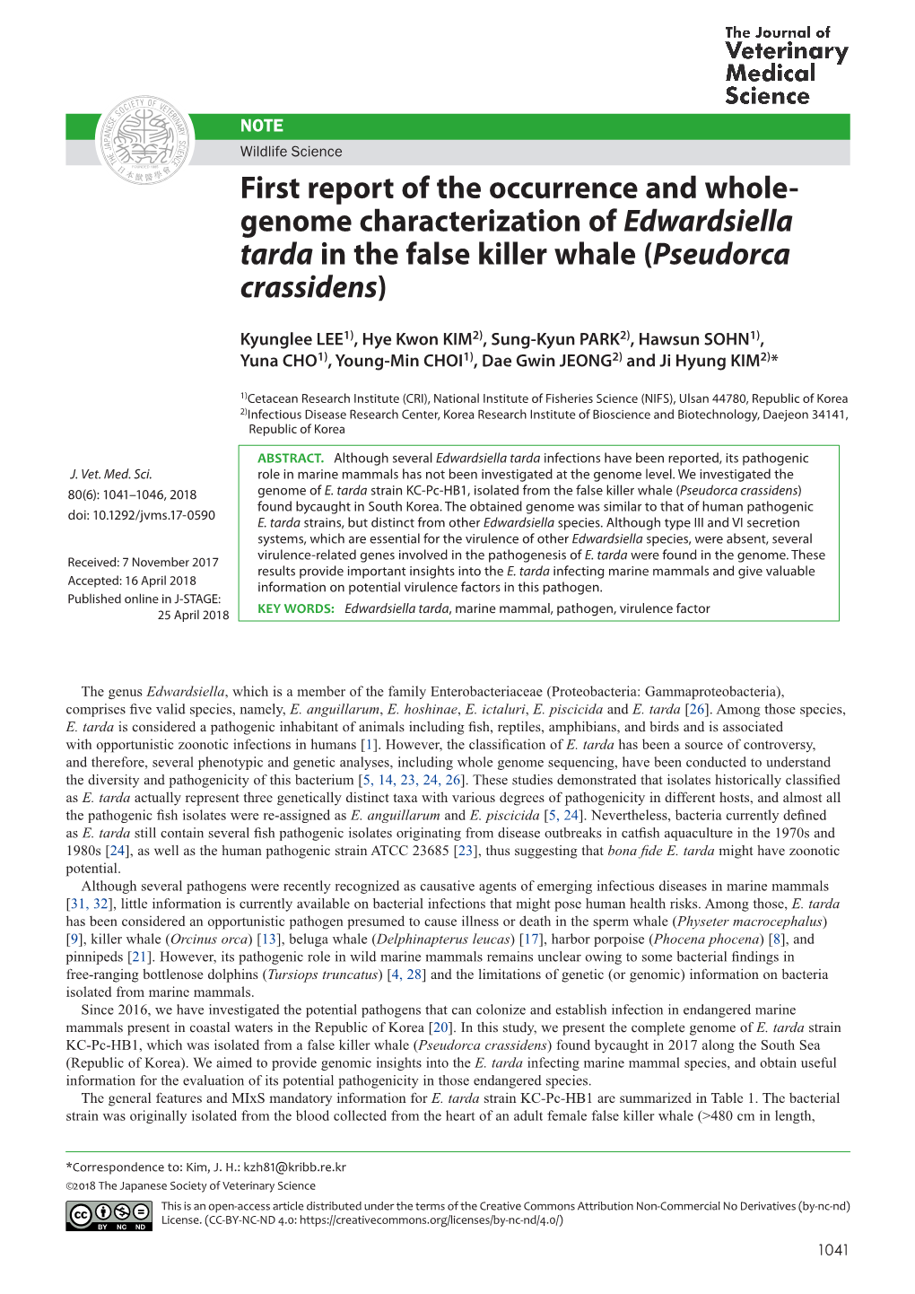 Genome Characterization of Edwardsiella Tarda in the False Killer Whale (Pseudorca Crassidens)