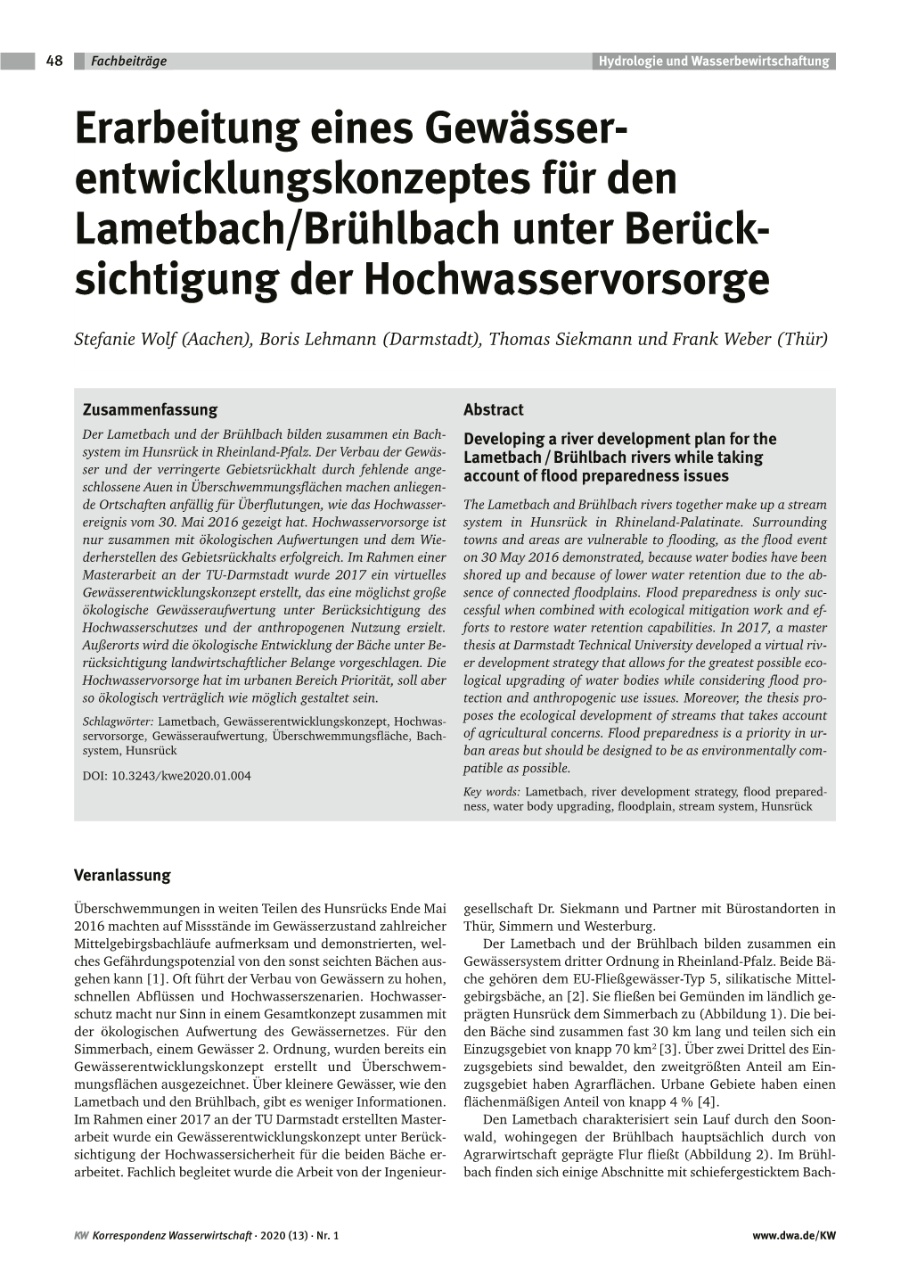 Erarbeitung Eines Gewässer­ Entwicklungskonzeptes Für Den ­Lametbach/Brühlbach Unter Berück- Sichtigung Der Hochwasservorsorge