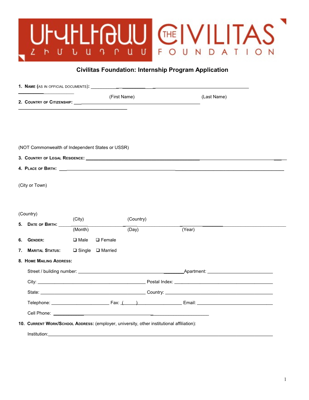 Civilitas Foundation: Internship Program Application