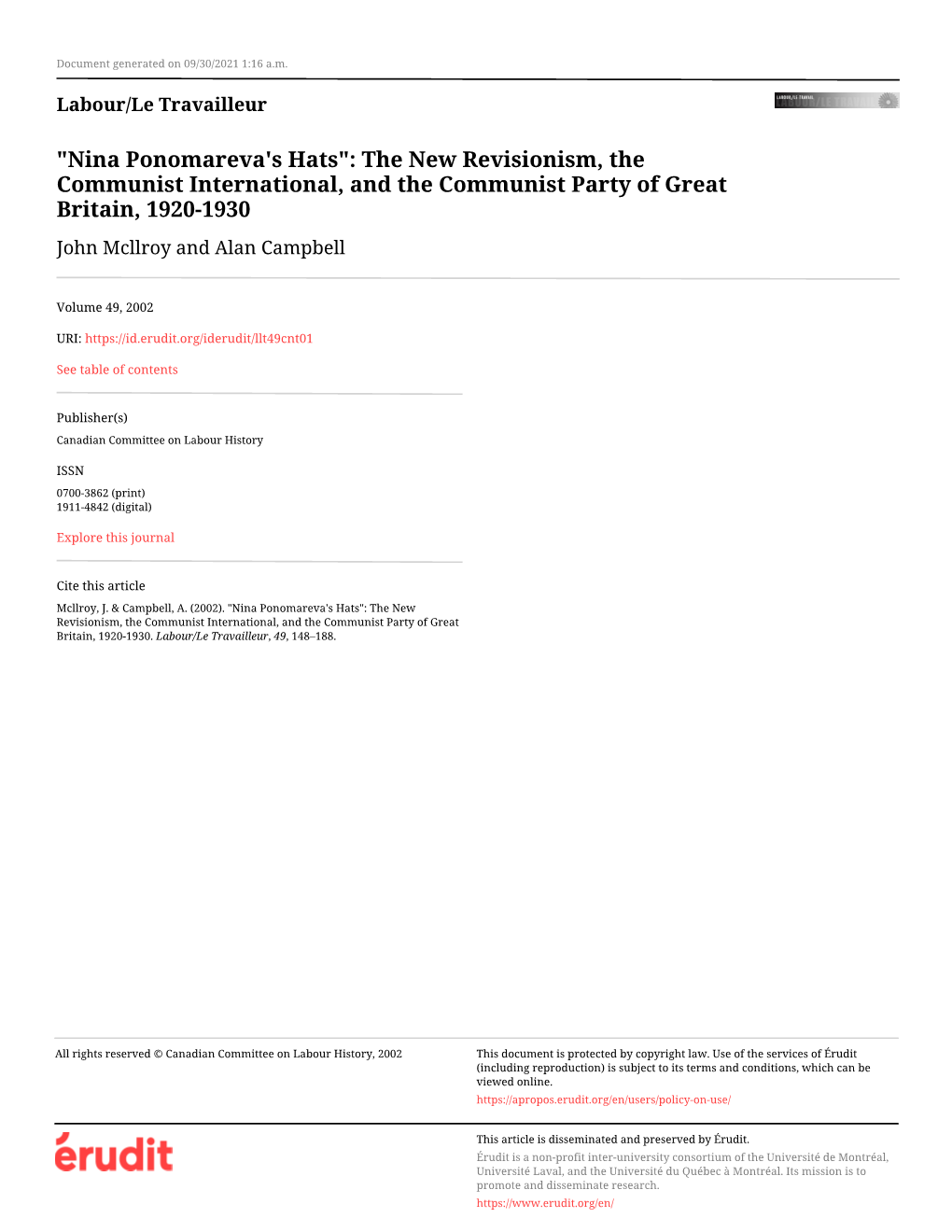 The New Revisionism, the Communist International, and the Communist Party of Great Britain, 1920-1930 John Mcllroy and Alan Campbell