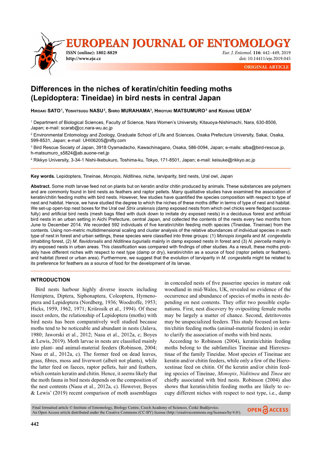 Differences in the Niches of Keratin/Chitin Feeding Moths (Lepidoptera: Tineidae) in Bird Nests in Central Japan