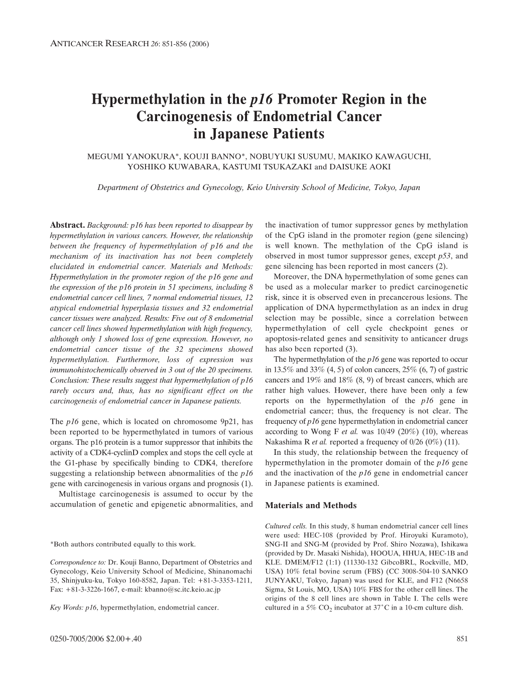 Hypermethylation in the P16 Promoter Region in the Carcinogenesis of Endometrial Cancer in Japanese Patients