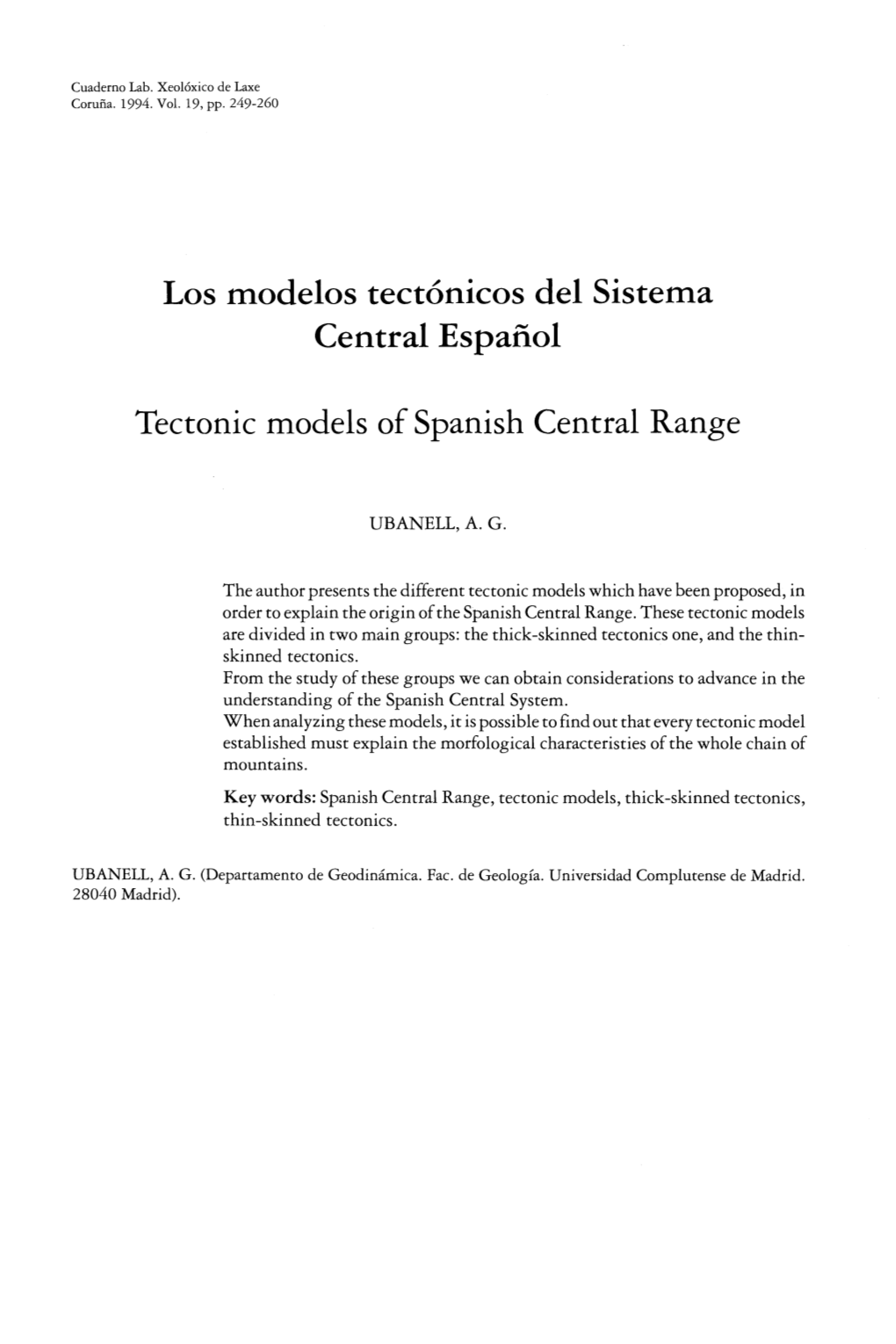 Los Modelos Tectónicos Del Sistema Central Español Tectonic Models Of