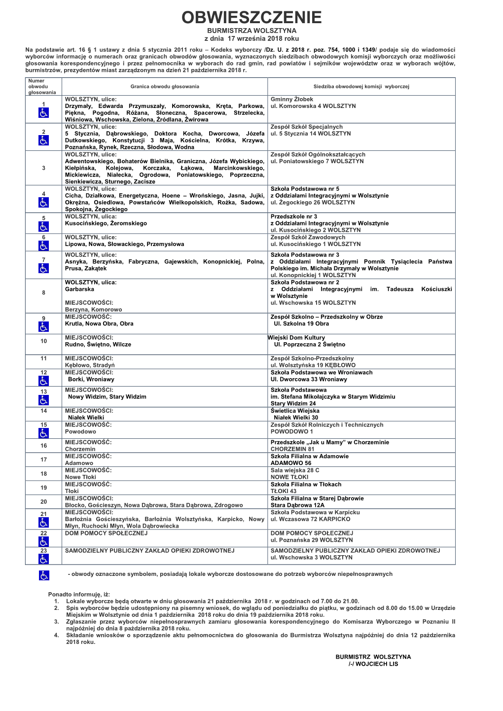 OBWIESZCZENIE BURMISTRZA WOLSZTYNA Z Dnia 17 Września 2018 Roku