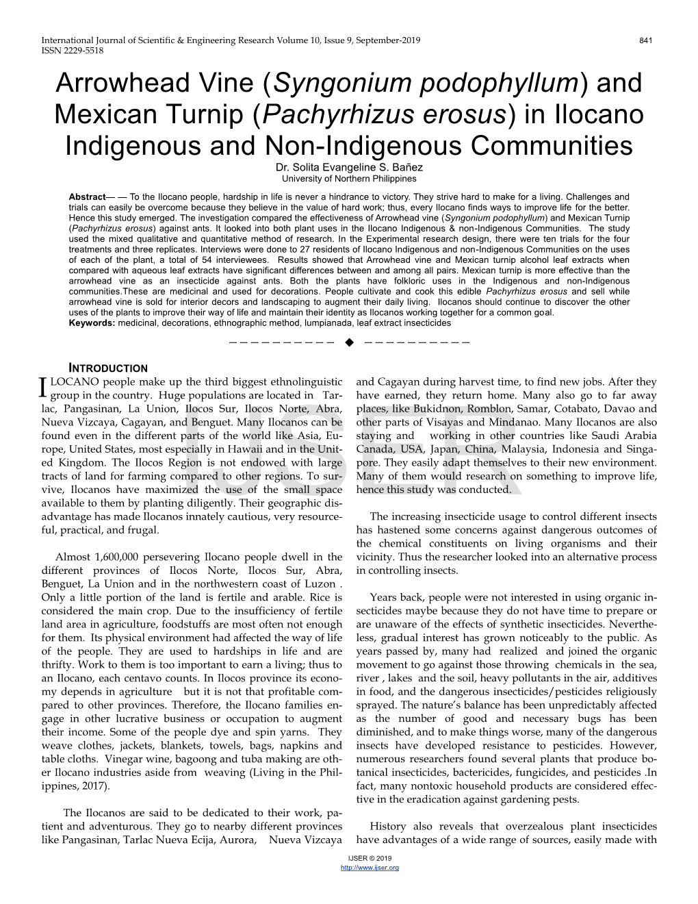 Arrowhead Vine (Syngonium Podophyllum) and Mexican Turnip (Pachyrhizus Erosus) in Ilocano Indigenous and Non-Indigenous Communities Dr