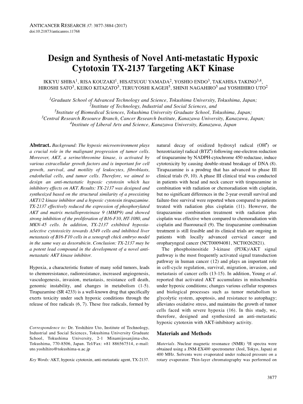 Design and Synthesis of Novel Anti-Metastatic Hypoxic Cytotoxin TX-2137 Targeting AKT Kinase