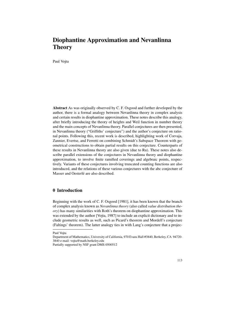 Diophantine Approximation and Nevanlinna Theory