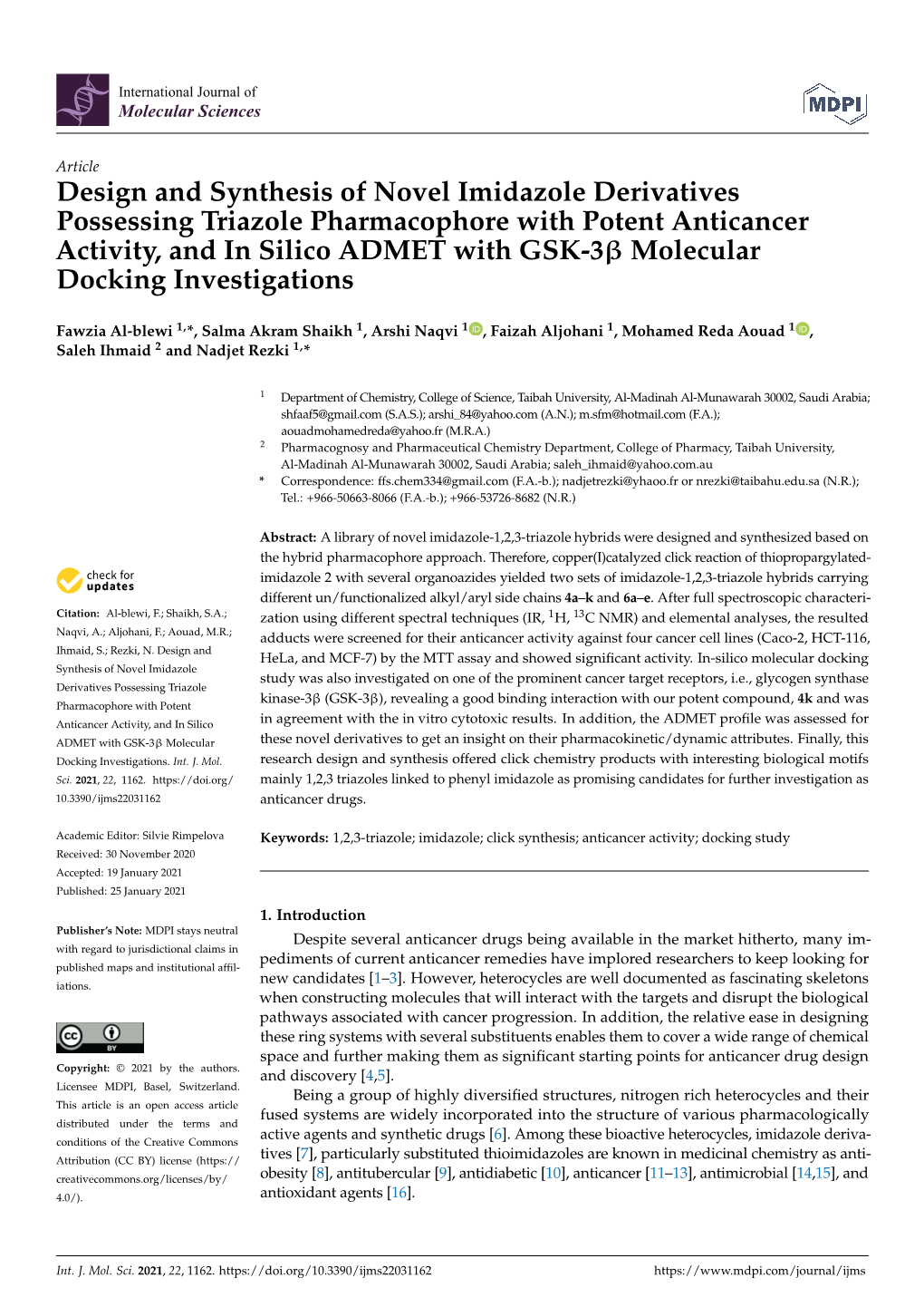 Design and Synthesis of Novel Imidazole Derivatives Possessing