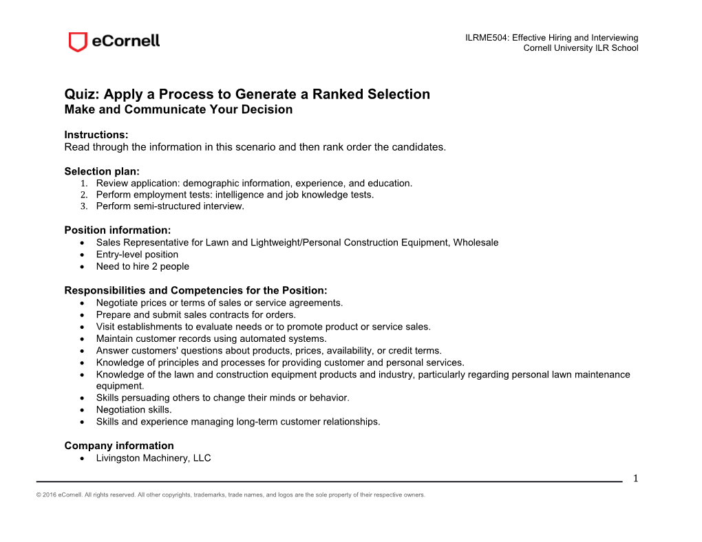 Quiz: Apply a Process to Generate a Ranked Selection