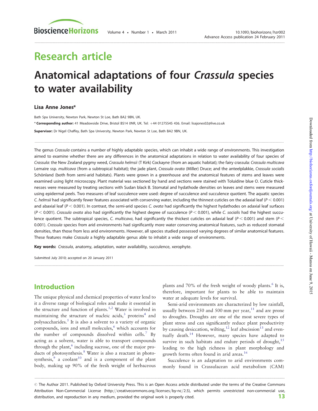 Research Article Anatomical Adaptations of Four Crassula Species to Water Availability