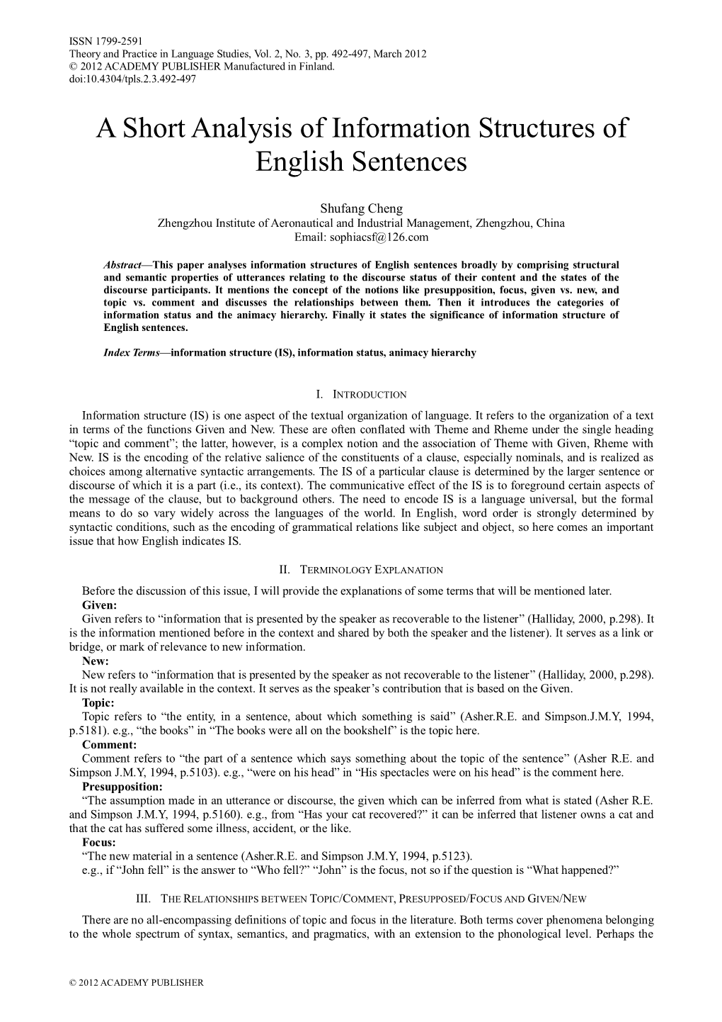 A Short Analysis of Information Structures of English Sentences