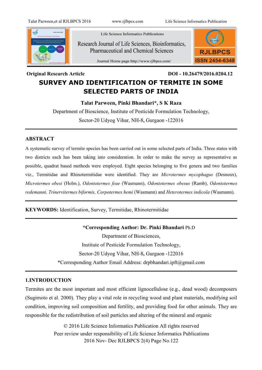 Survey and Identification of Termite in Some Selected Parts of India