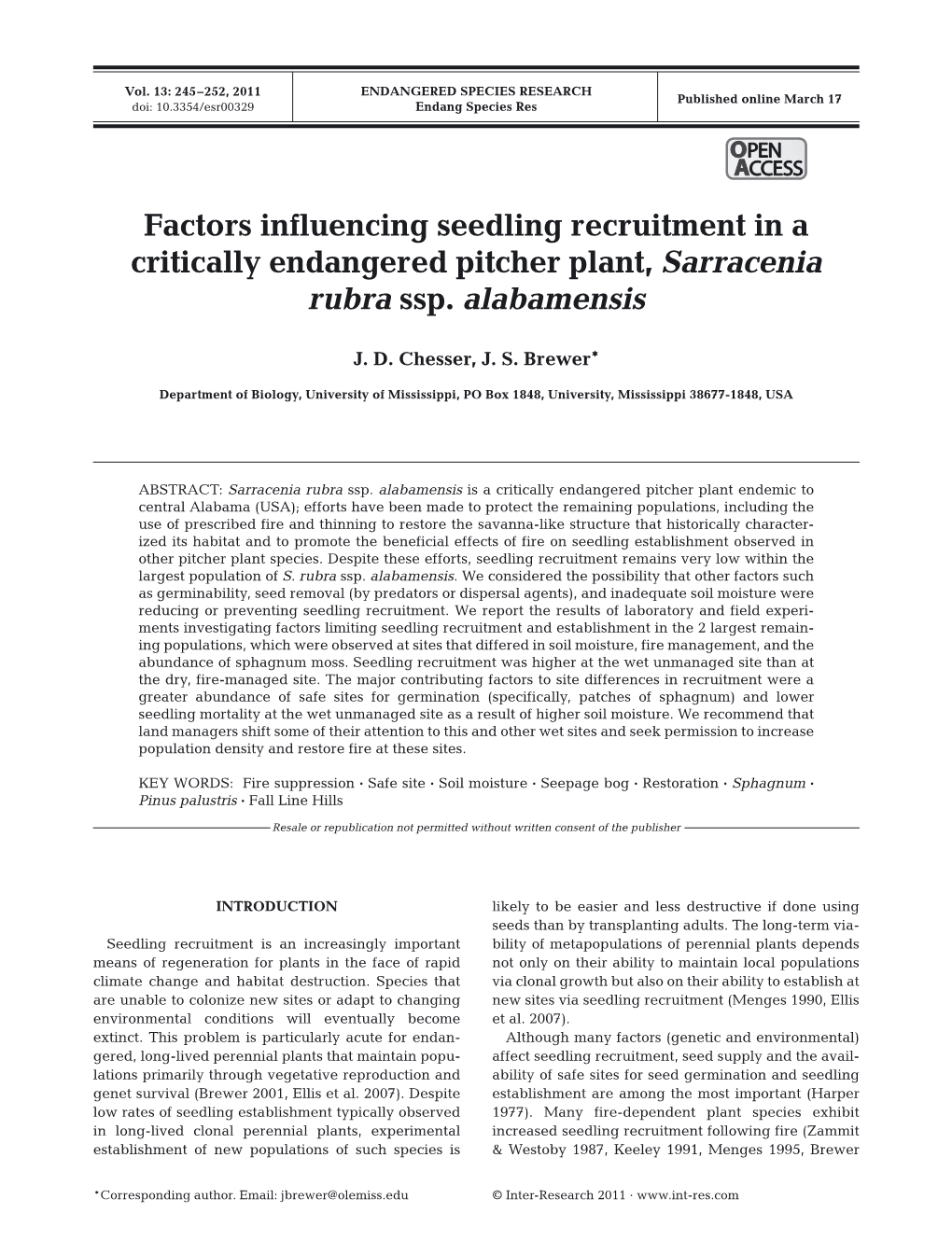 Factors Influencing Seedling Recruitment in a Critically Endangered Pitcher Plant, Sarracenia Rubra Ssp. Alabamensis