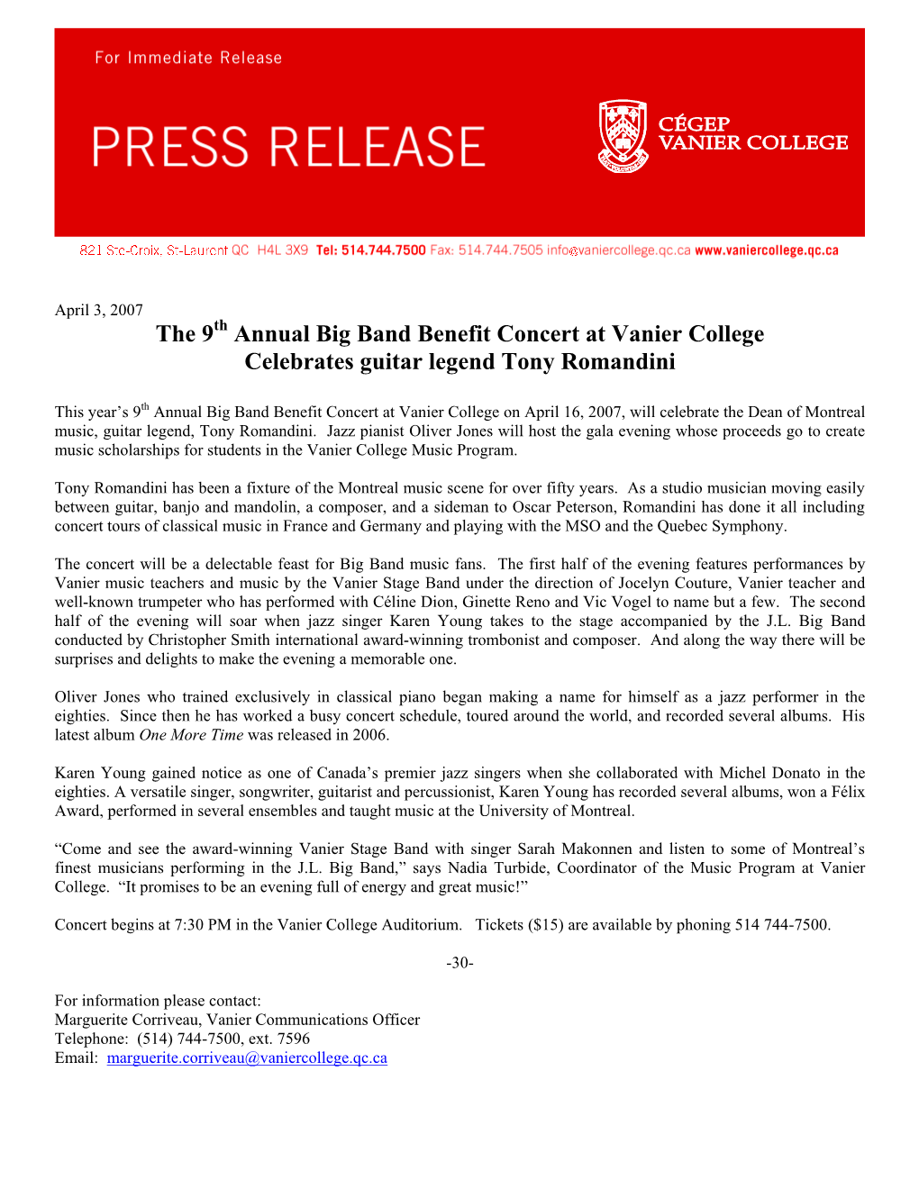 The 9 Annual Big Band Benefit Concert at Vanier College