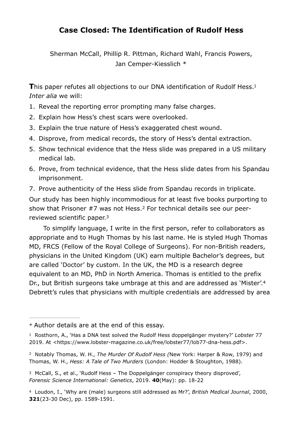 Case Closed: the Identification of Rudolf Hess