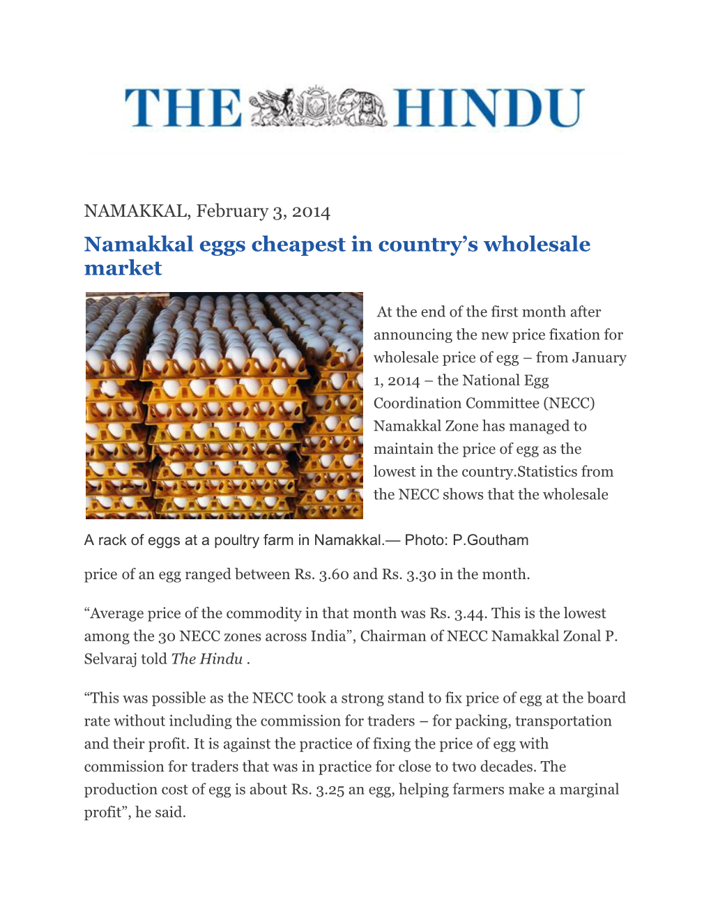 Namakkal Eggs Cheapest in Country's Wholesale Market